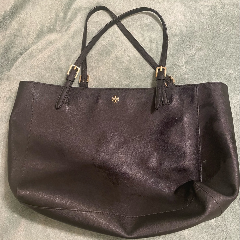 Tory Burch Designer Black Leather Tote with Gold Accents